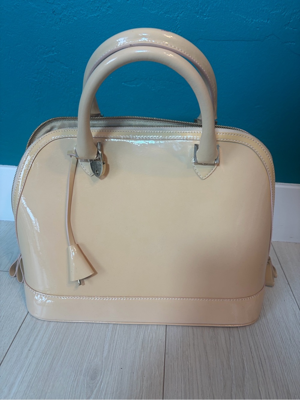 Aspinal of London Nude Patent Leather Handbag with Padlock